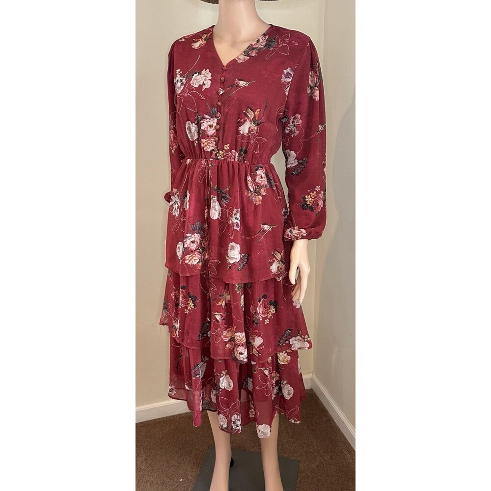 Kesra Burgundy Floral Tiered Midi Dress | XL | Boho Cottagecore